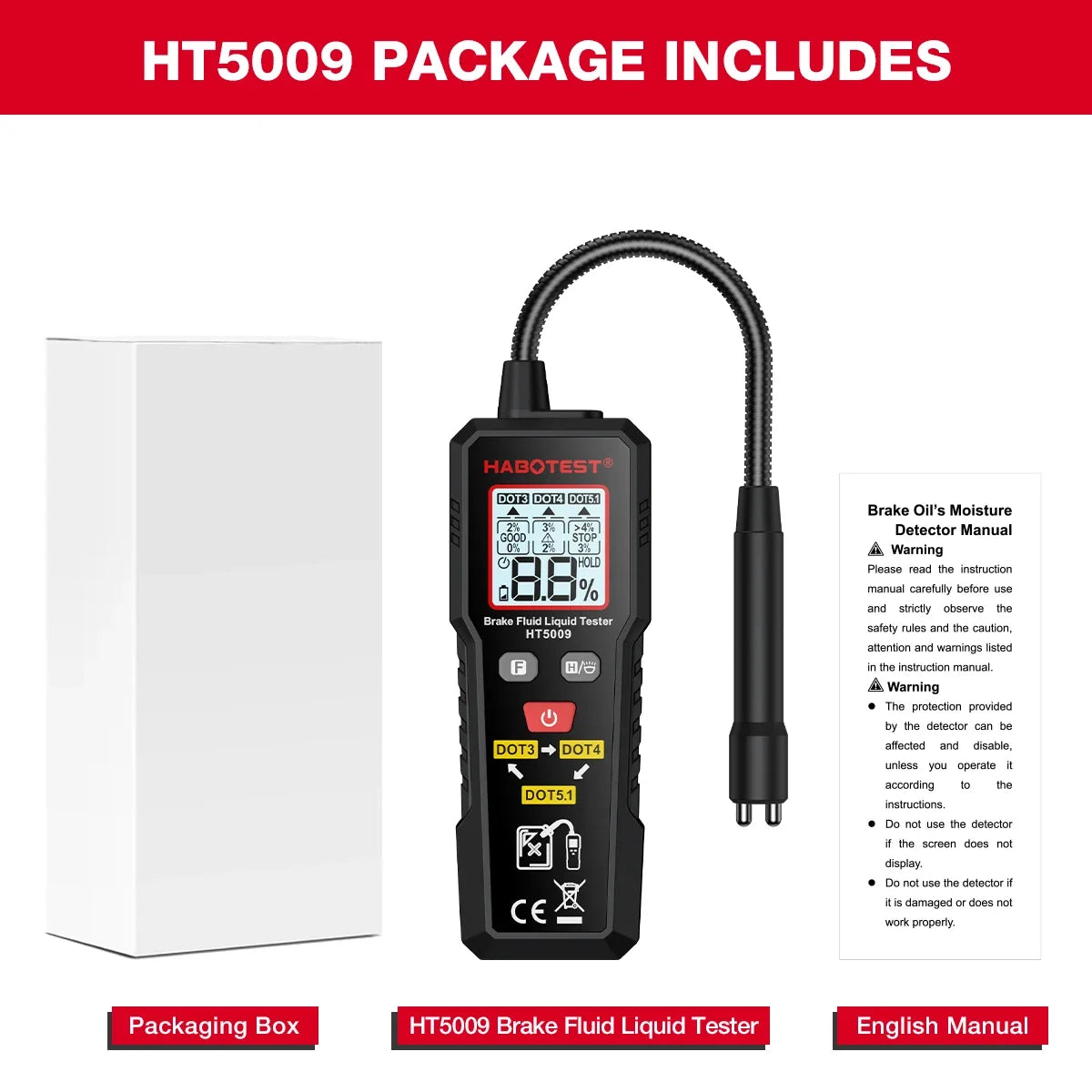Digital Brake Fluid Tester Auto Car Brake Oil Moisture Detector DOT3/DOT4/DOT5.1 with Backlight Flexible Probe Brake Oil Tester