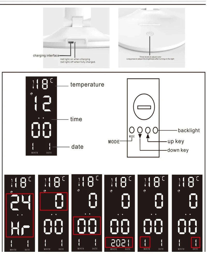 Multifunctional Eye Protection Rechargeable LED Clock Dimmable Desk Lamp 180° Rotating Foldable Desktop Reading Night Light USB