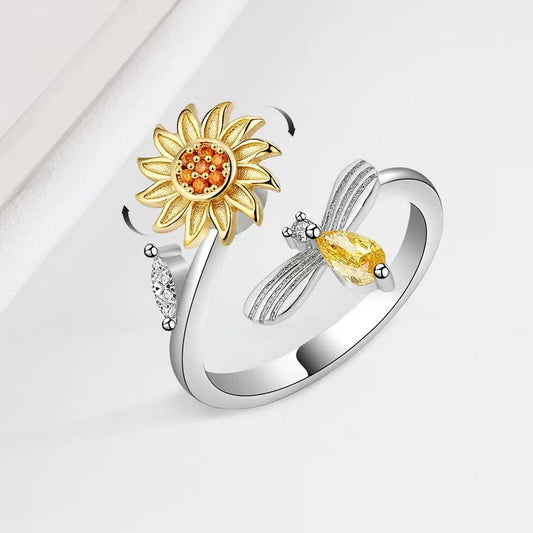 Rotating Sunflower Rings for Women Anti Anxiety Stainless Steel Ring Birthday Wedding Luxury Jewelry Gifts Adjustable Ring