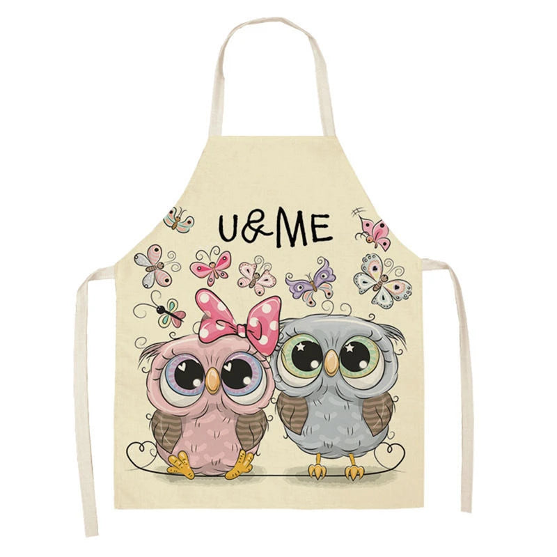 Owl Sleeveless Chef Apron Linen Floral Print Kitchen Decoration Apron Women'S Home Cooking Baked Waist Bib