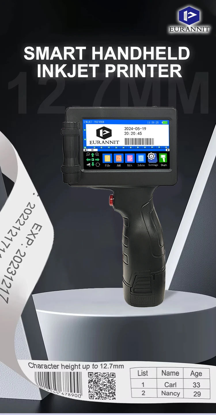 EURANNIT E17 12.7mm Portable Handheld Inkjet Printer Text QR Barcode Batch Number Logo Image Expire Date TIJ Printing Machine