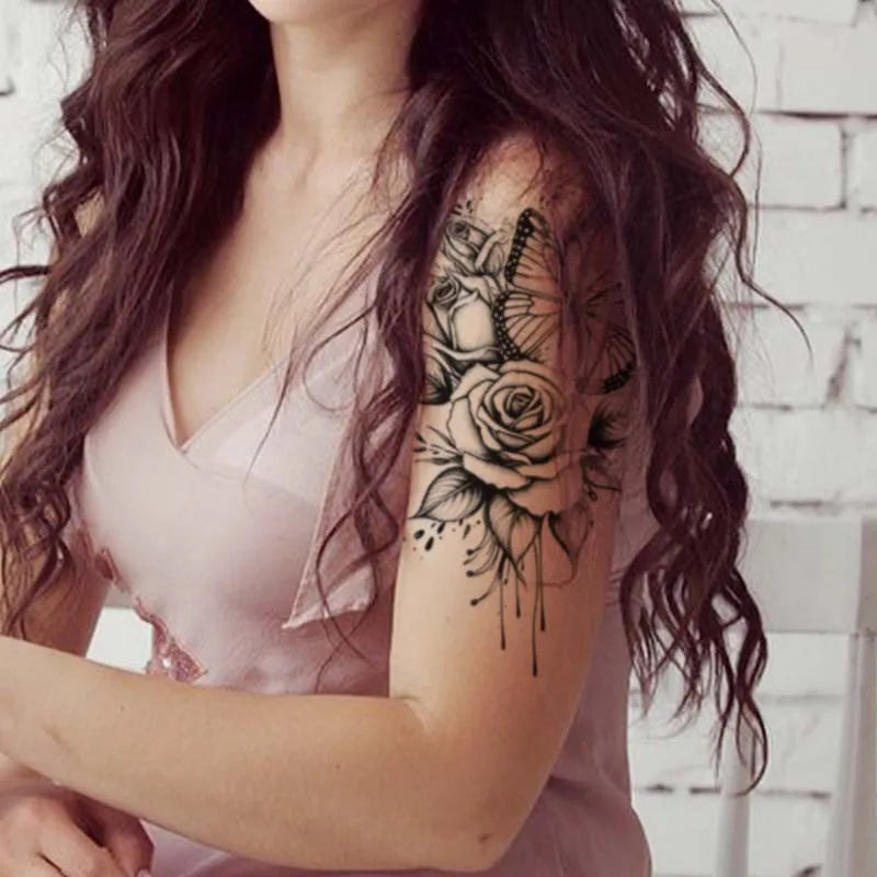 Butterfly and Rose Waterproof Temporary Tattoo for Arm and Leg, Long-Lasting, Realistic Fake Tattoo for Men and Women