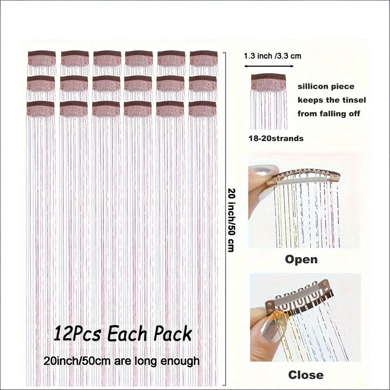 12pcs Per Pack of BB Hair Clips,Shiny Metallic Hair Extensions with Clips,Synthetic Hair, Sparkling Hair Accessories for Women