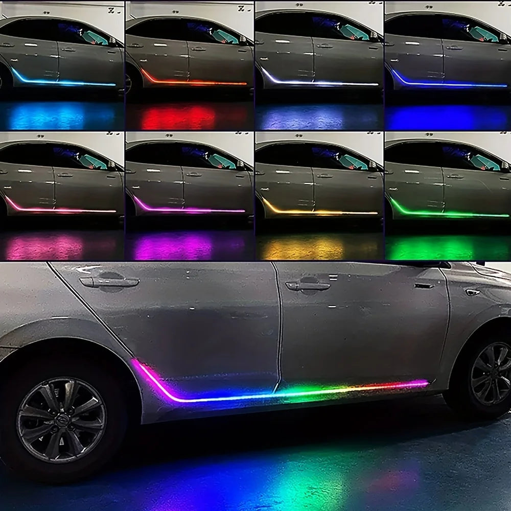 2IN1 150cm Neon LED Car Ambient Welcome Door Skirt Lights App Remote Auto Sill Panel RGB Flexible Streamer Strip Decorative Lamp