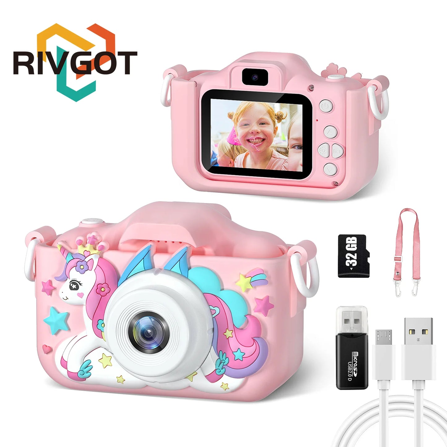 Unicorn Kids Toy Cameras 1080P HD Video Camera 48MP Dual Camera With Silicone Protective Cover 32GB Card Boy Girl Birthday Gifts