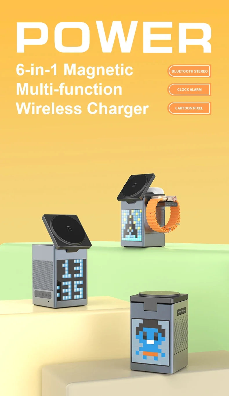6 in 1 Magnetic Wireless Charger Stand Bluetooth Speaker Alarm Clock For Magsafe iPhone 16 15 14 Pro Max Airpods Pro Apple Watch
