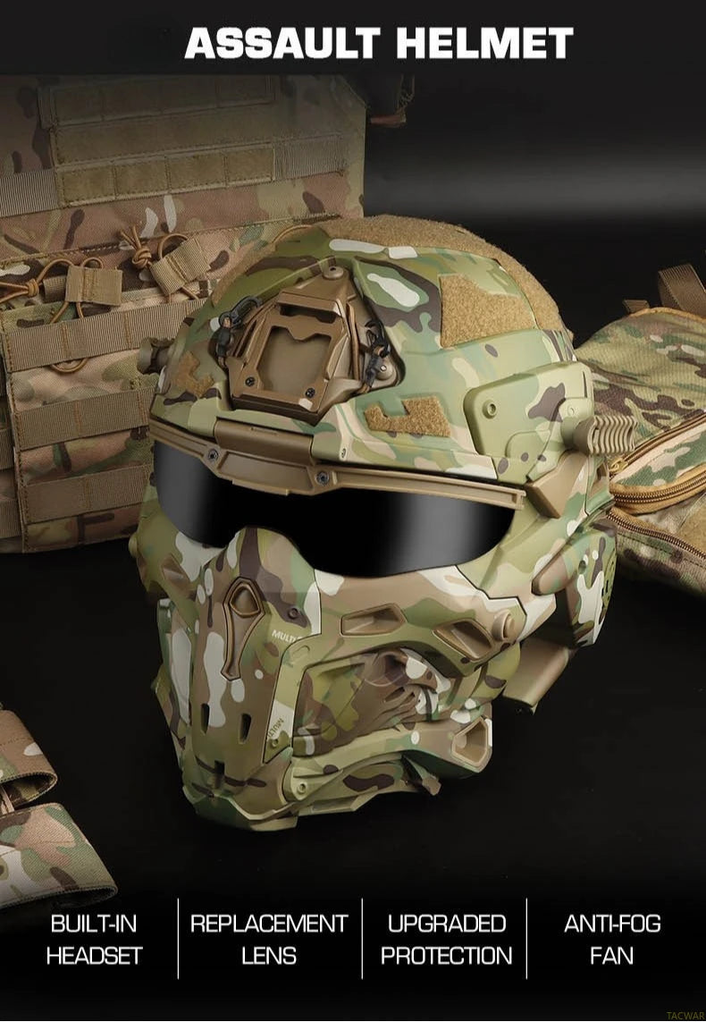 Assault I Airsoft Helmet Full Face, Tactical Helmet with HD Headset Anti-Fog Fan 2 Pairs Lens Flip Mask for Outdoor CS