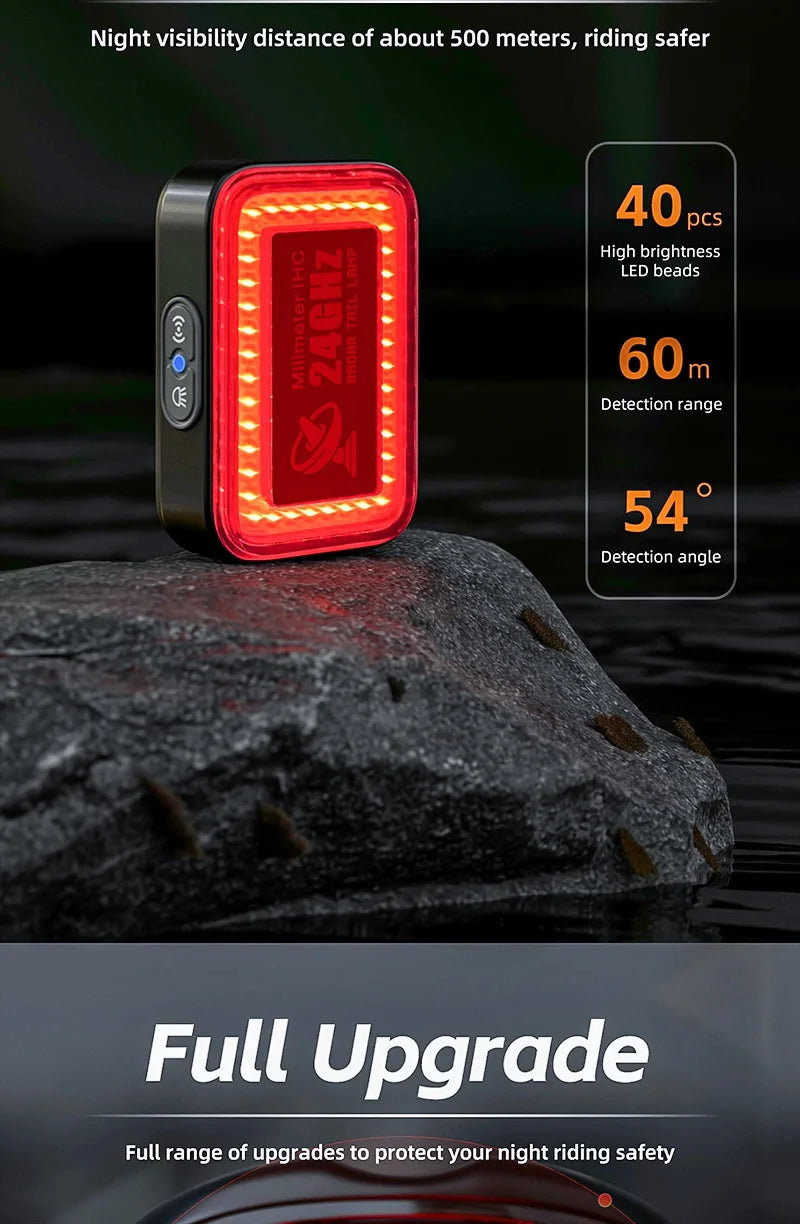 CYCLAMI Bicycle Intelligent Radar Taillight Bike Smart Brake Sensing Rear Lamp with Beeper Alarm Cycling Safety Tail Light RT02