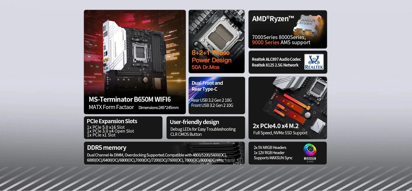 MAXSUN Terminator B650M WiFi6 Computer Motherboard support AMD CPU AM5 Ryzen7000 Ryzen8000 Ryzen9000 Bluetooth 5.2 DDR5 SATA3.0