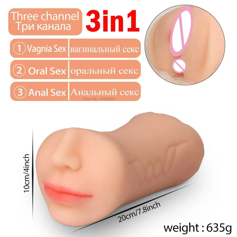 3 IN 1 Male Masturbator Silicone Vagina Real Pussy Open Mouth Teeth Realistic Sex Deep Sex Toys for Men Oral Masturbation Sextoy