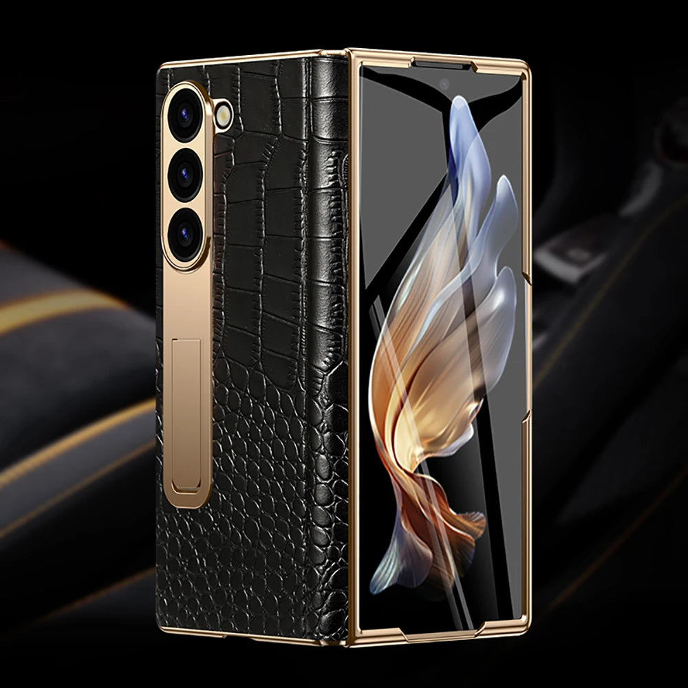 For Samsung Z Fold 7 6 5 4 3 Genuine leather Magnetic Hinge Full protective phone Case holder Kickstand fold6 Shockproof Cover