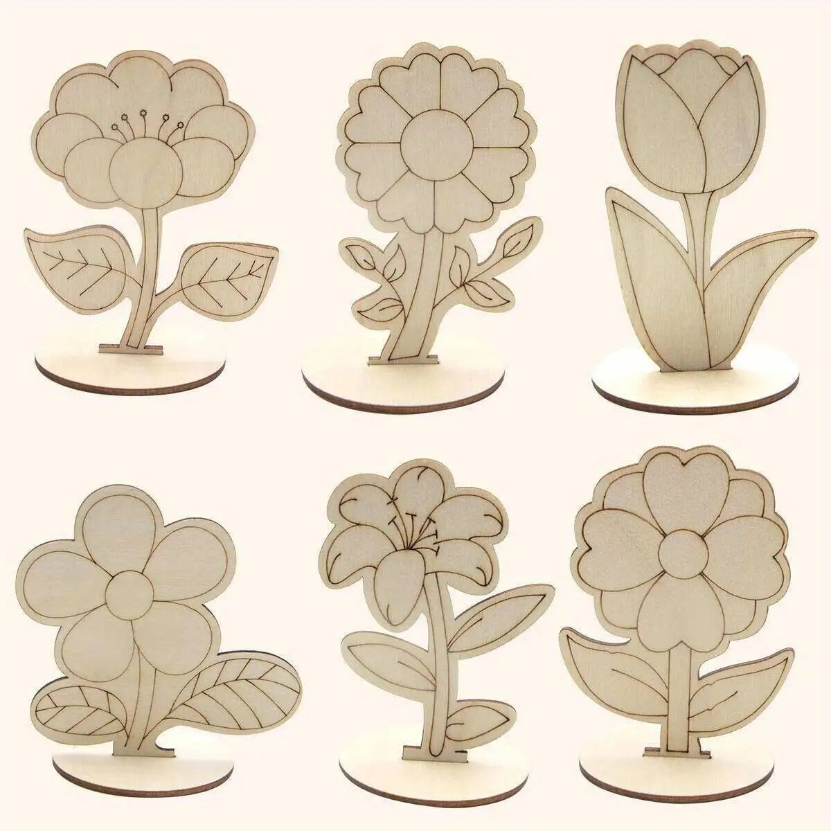 6Pcs/Set Rose/Lily/Sunflower Wooden Ornament Wood DIY Painting Crafts For Spring Happy Easter Party Table Decoration Supply