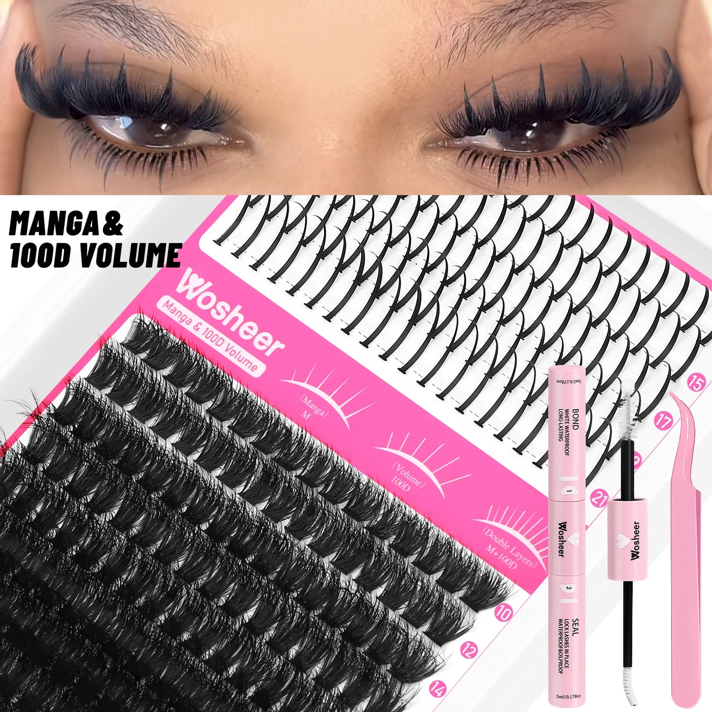 WOSHEER Lash Clusters Kit Lash Spikes Eyelash Clusters Volume Individual Lashes DIY Spiky Lash Extension Manga Clusters Eyelash