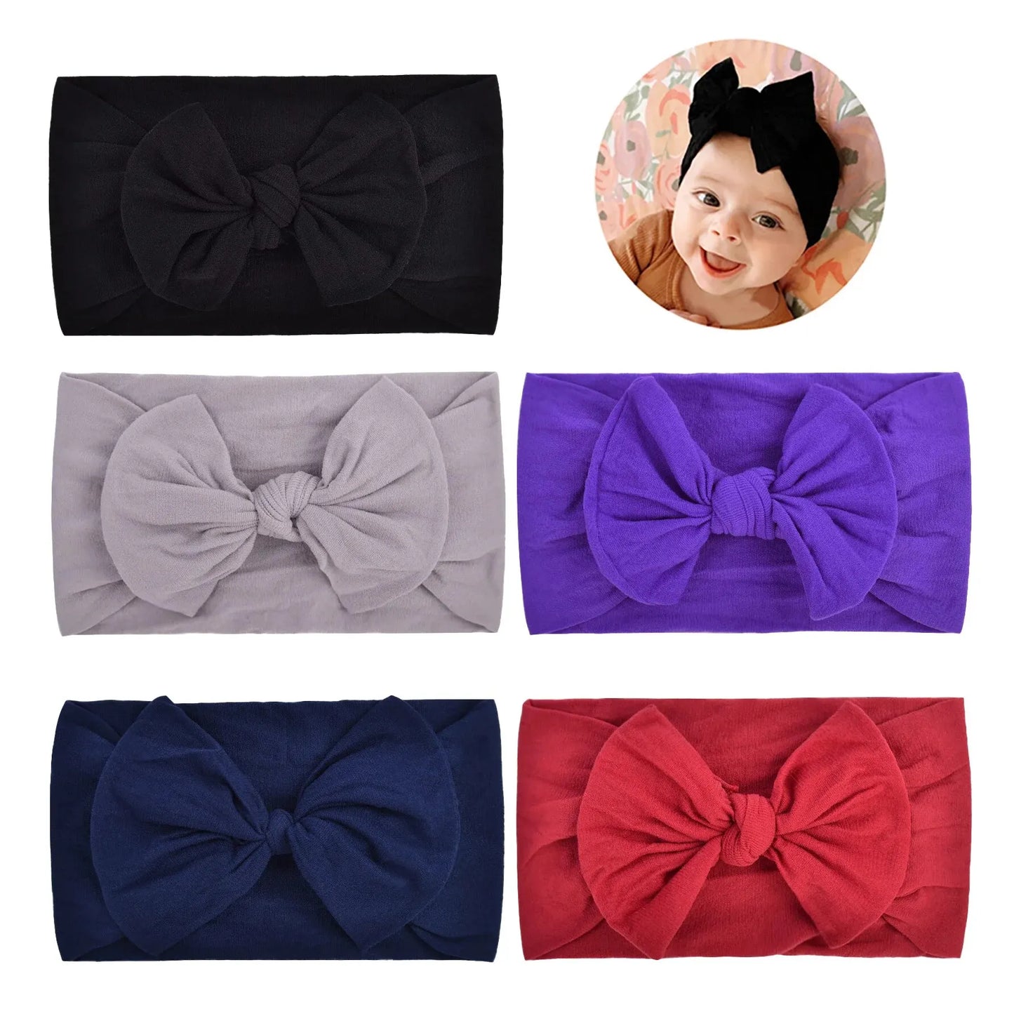 Set of 5 Comfortable Baby Nylon Bow Headbands Super Soft High Elastic Headband Hair Accessories