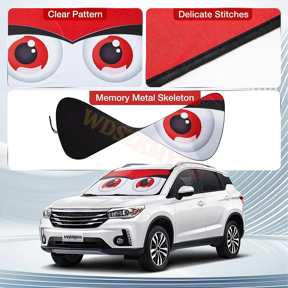 Car Cartoon Devil's Eye Foldable 59'x27.5' Car Windshield Sun Shade, Funny Car Eyes Sun Visor Wear-ResistantFoldable Reflective