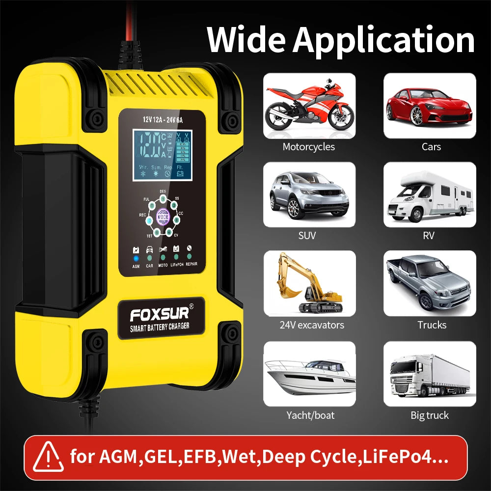 Foxsur Full Automatic Car Battery Charger 12V 12A Digital Display Battery Charger Power Pulse Repair Chargers Wet Dry Lead Acid
