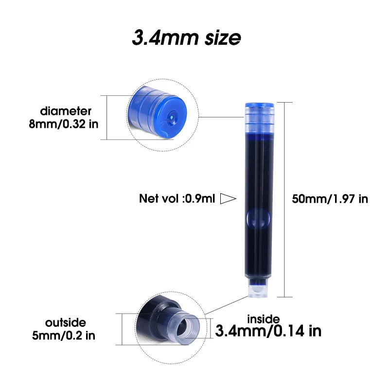 50pcs Fountain Pen Ink Cartridge Refills Bottle 4 Color Disposable Dia 3.4mm 2.6mm  School Office Stationery Supplies CW-159