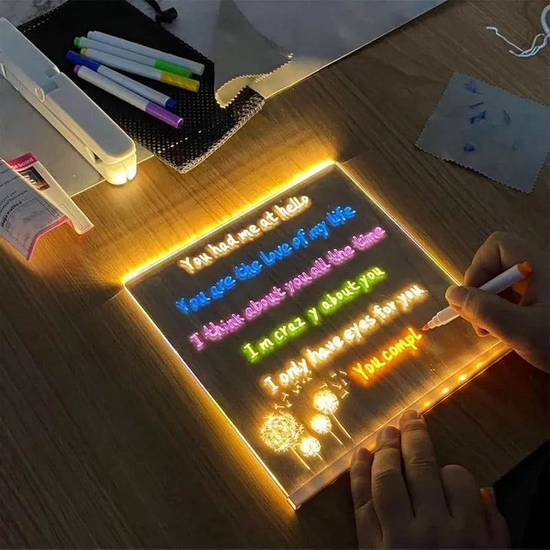Light Up Acrylic Message Board Rewritable DIY Children's Glowing Drawing Board Message Lamp With 7 Colorful Pens