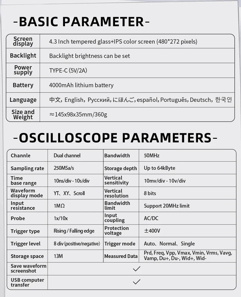 FNIRSI 2C53P Touch Screen Portable Digital Oscilloscope Multimeter Signal Generator 3in1 2 Channel 50MHz 250Ms/S 19999 Counts