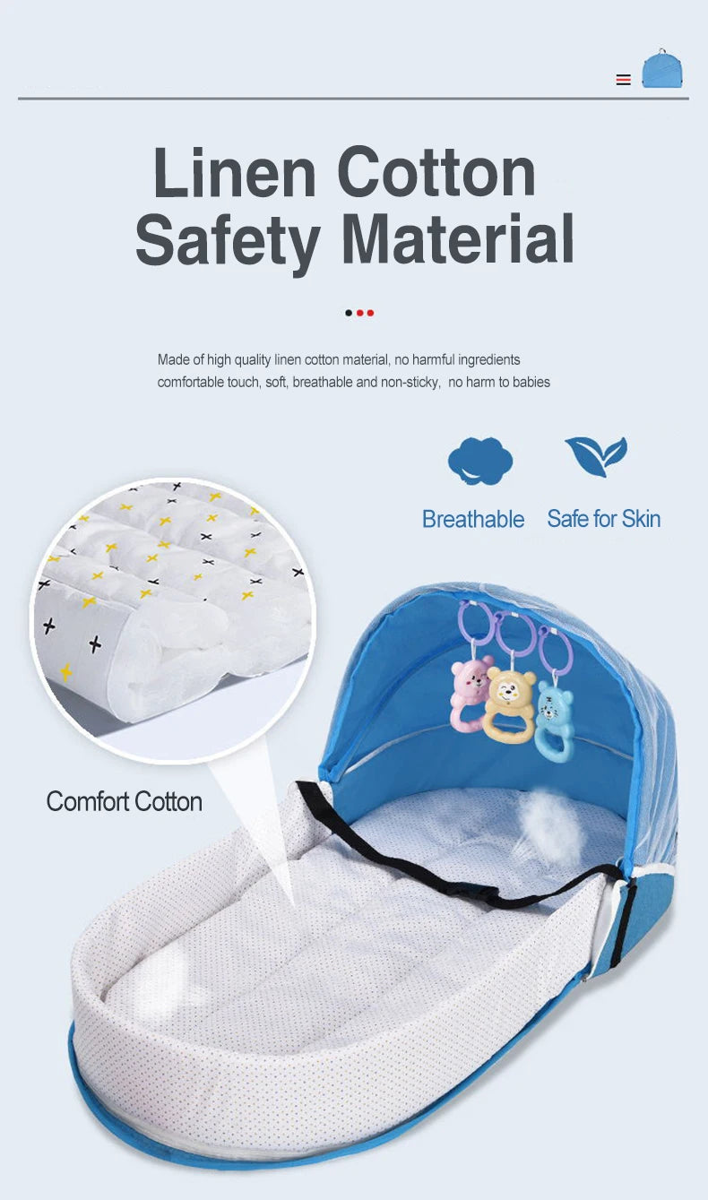 Portable Foldable Baby Crib with Mosquito Net Travel Backpack Playpen for Newborns 2-12 Months Multi-Function Baby Bed with Toys
