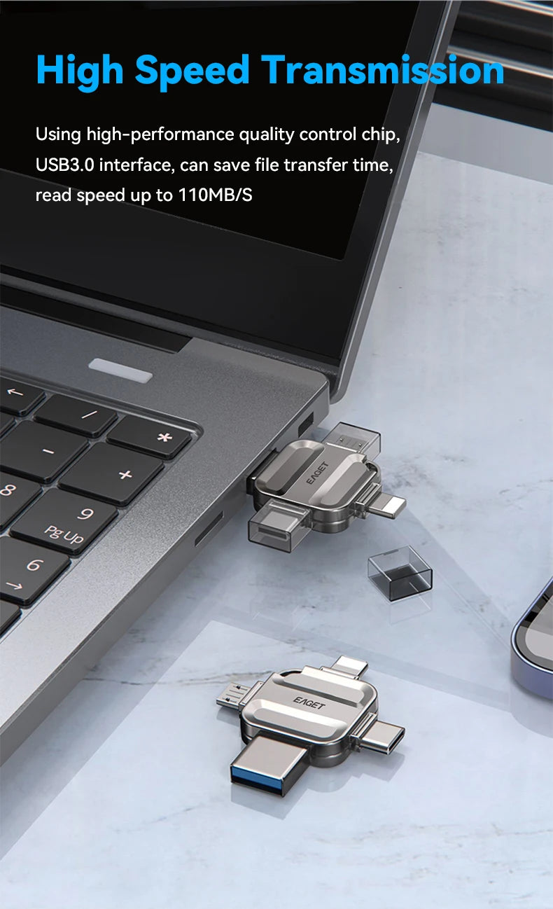 Eaget 4 in 1 Mini USB Flash Drive USB Type C Mirco B Lighting to USB 3.2 Pendrive USB Memories Stick for Phones PC Laptops