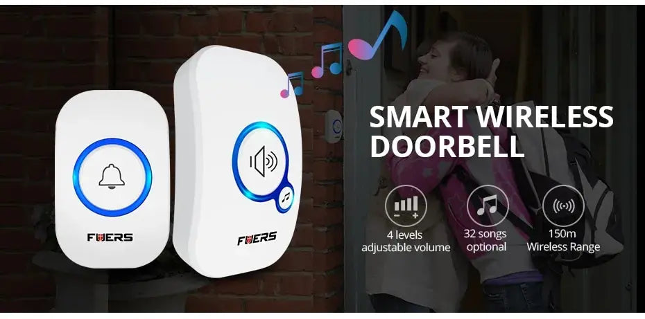 Fuers Wireless Doorbell 1000ft Range Loud Enough With 4 Volume Levels Door Welcome Chimes LED Flashing 2 Receivers & 2 Buttons