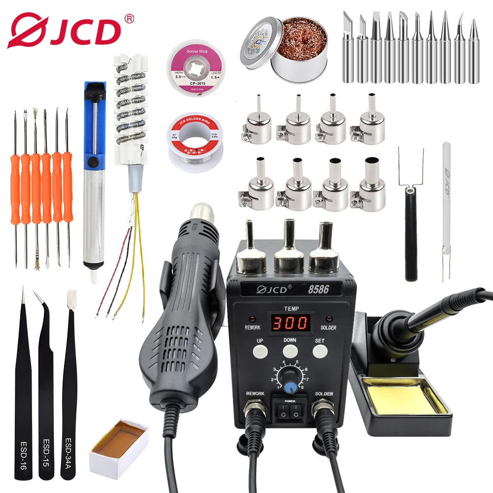 JCD 2 in 1 Soldering Station 8586 LCD Digital Display SMD Rework Hot Air Gun Soldering Iron 220V 110V ESD Welding Repair Tools