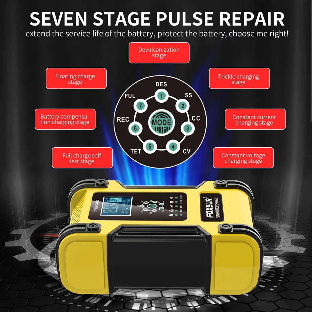 Foxsur Full Automatic Car Battery Charger 12V 12A Digital Display Battery Charger Power Pulse Repair Chargers Wet Dry Lead Acid