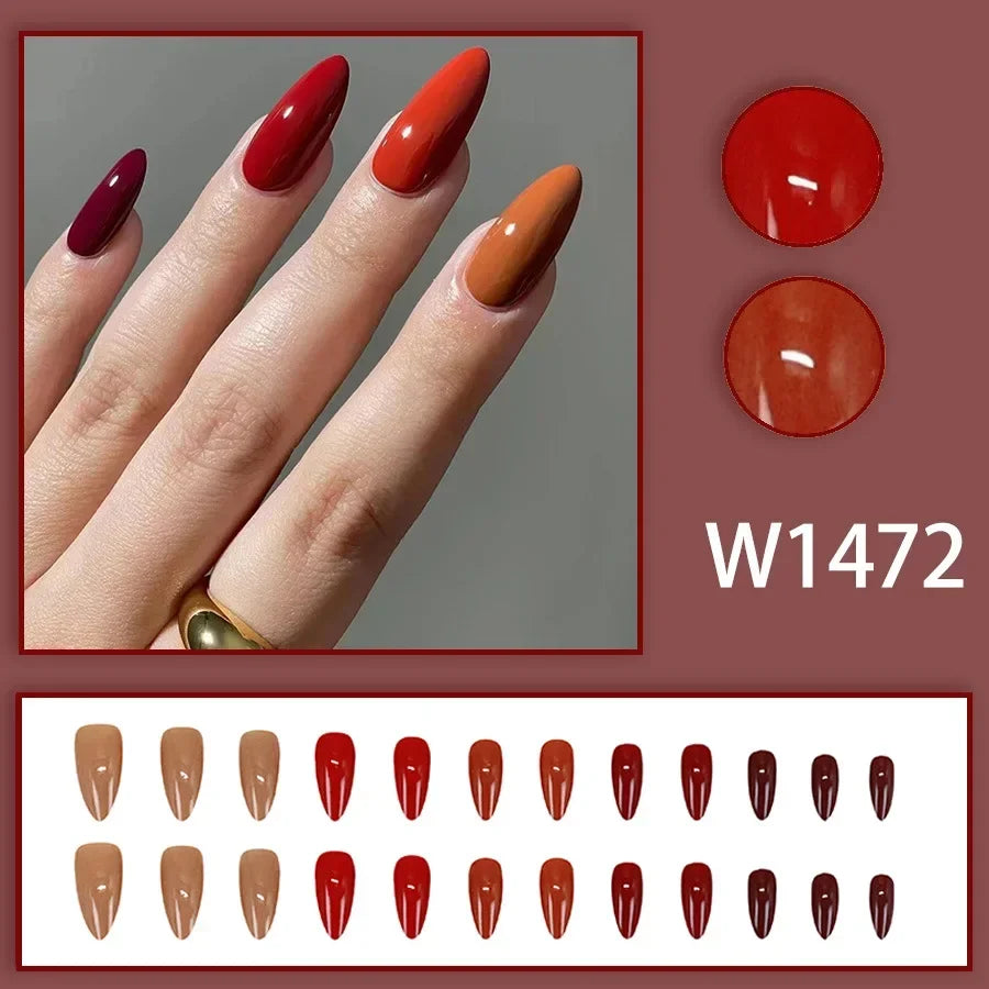 Black Ink Style Fake Nail with Jelly sticker Press on False Nails Wearable Round Head Oval Full Cover Nail Tips