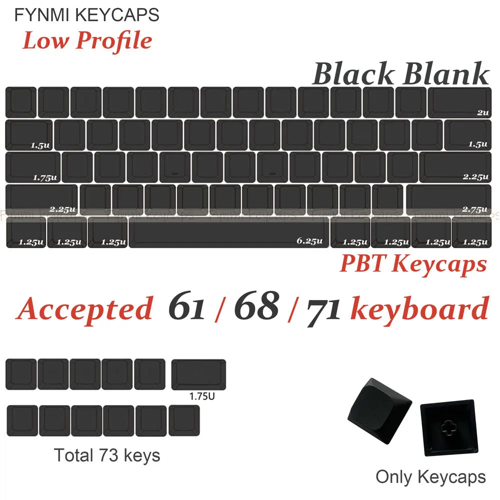Fynmi Blank Black Low Profile Original PBT keycaps ANSI 61 keys to 116 keys Dye-Sublimation keycaps for Mechanical Keyboard