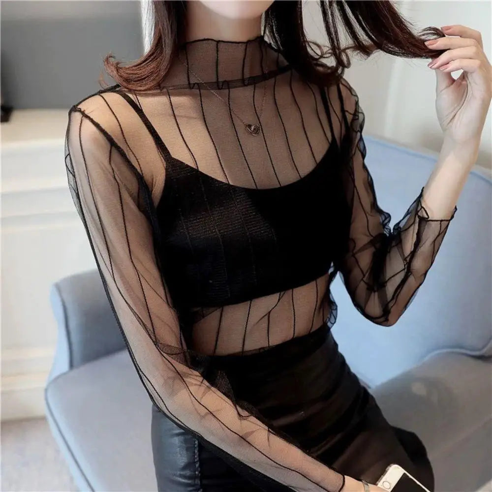 Sexy Women T Shirt See Through Mesh Blouses Long Sleeve Bottoming Shirts Turtleneck Spring Summer Sunscreen Tops Punk Club Tees