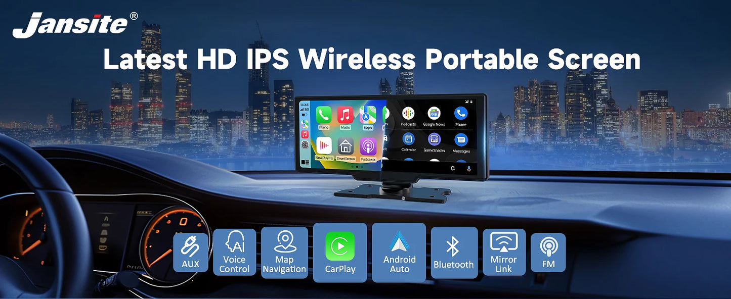 Jansite 10.26" 4K DVR Wireless CarPlay & Android Auto Dash Cam GPS Navigation 24h Park Monitor Night Vision Rear View Mirror