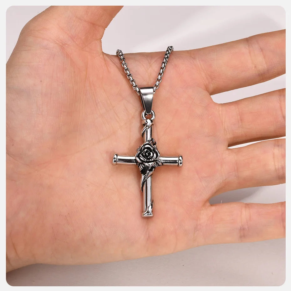 Vnox Men Cross Necklace, Stainless Steel Rose Cross Pendant with Box Chain, Unisex Cool Crucifix Jesus Faith Aesthetic Collar