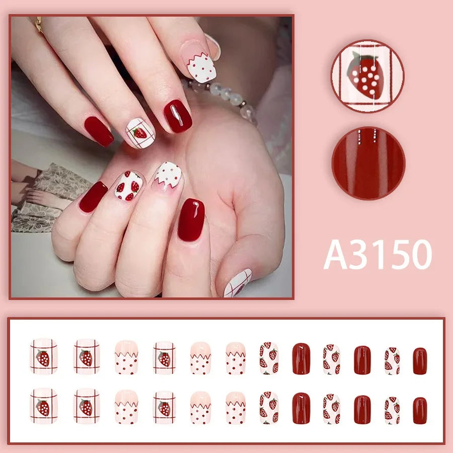Watercolor Rose Fake Nail with Jelly sticker Press on False Nails Wearable Round Head Oval Full Cover Nail Tips