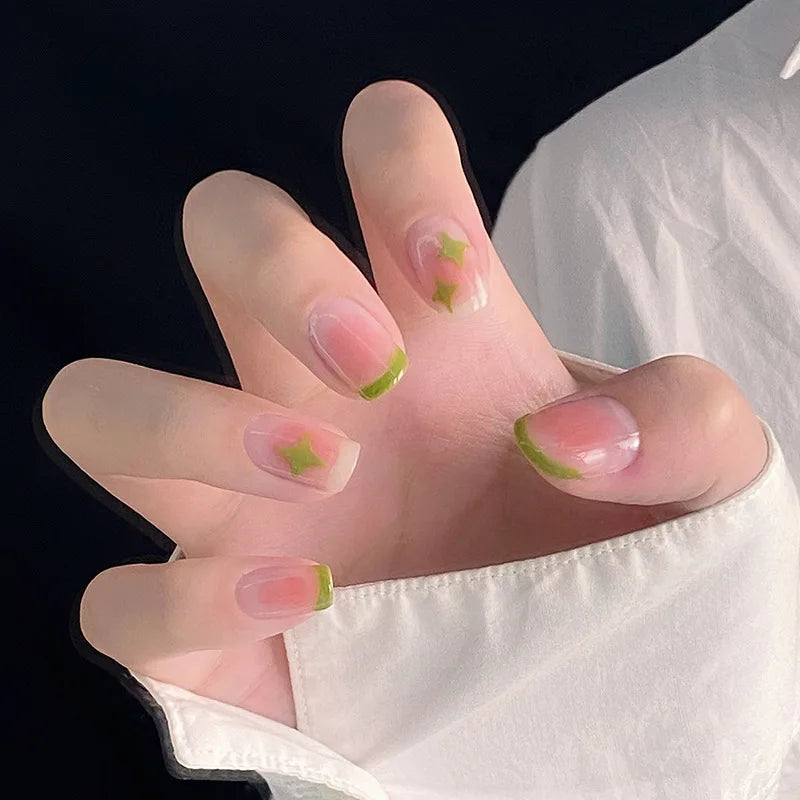 24Pcs/Box Short Square Head Wearing False Nails Art Clouds Stars Pattern Fake Nails Full Cover Press on Nail Tips Manicure Tools