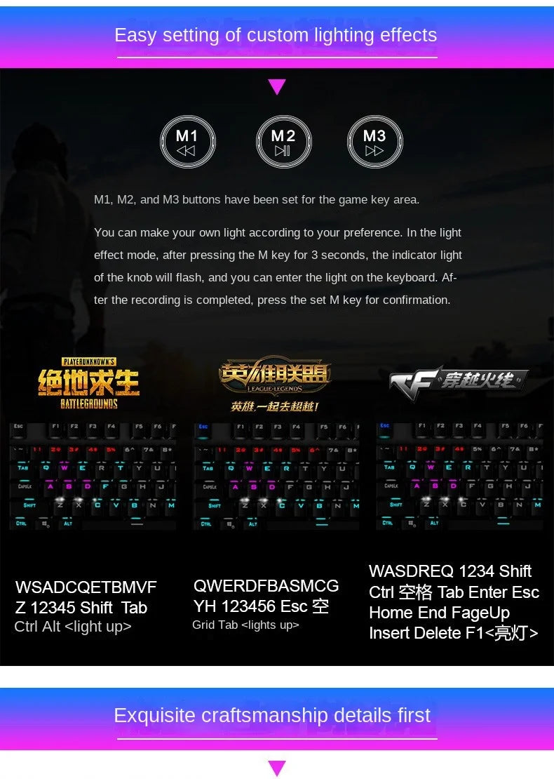 F2088 Mechanical Gaming Keyboard Anti-ghosting 104 Plating Blue Switch Wired Mixed Backlit Keyborad for Game Laptop PC