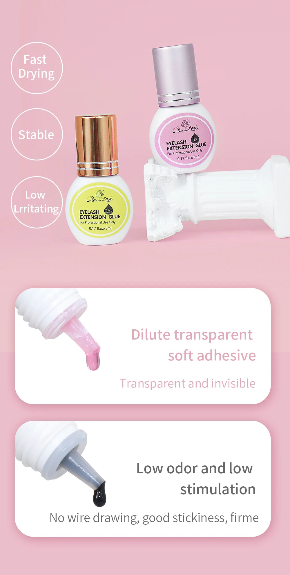 GLAMLASH 0.3-2 Sec Dry Eyelash Extension Glue Individual False Lashes Black Adhesive Kit for Professional Use