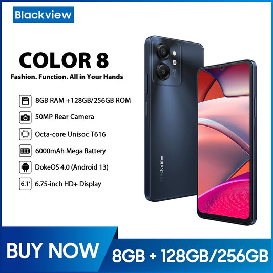 Blackview COLOR 8 Smartphone 6.75inch Display 90Hz 128GB/256GB 50MP Rear Camera 6000mAh Battery 18W Fast Charging GPS Android 13