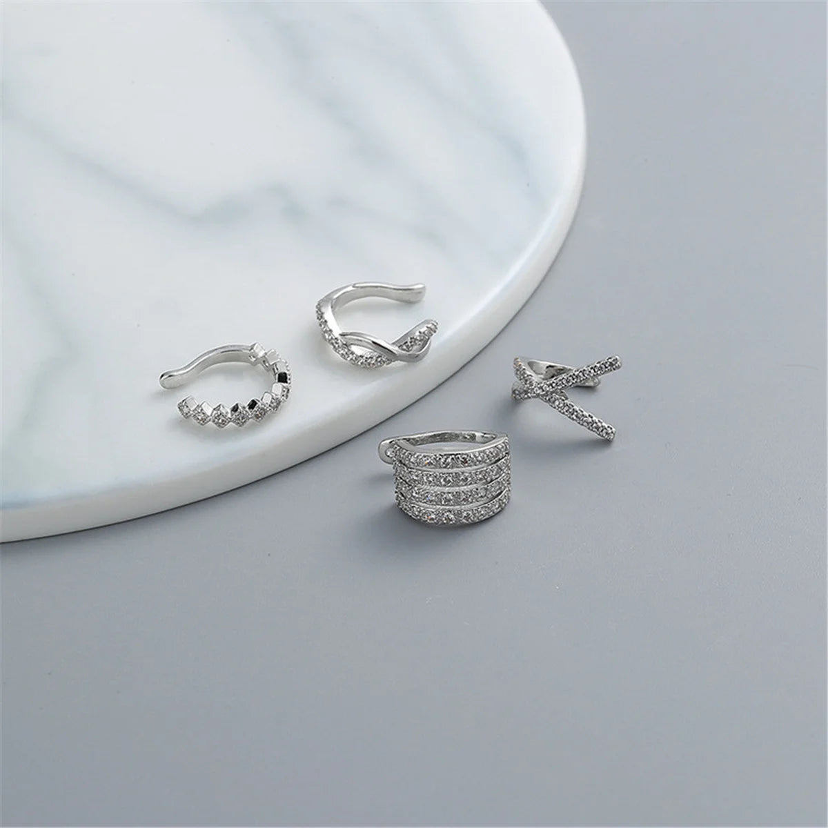 4Pcs/set Creative Silver Color Zirconia Clip on Earrings for Women Geometric Ear Cuff Without Piercing Girl Jewelry