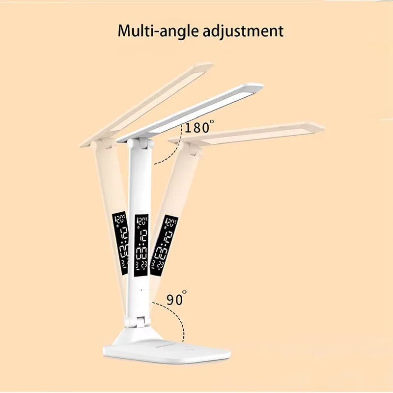 Multifunctional Eye Protection Rechargeable LED Clock Dimmable Desk Lamp 180° Rotating Foldable Desktop Reading Night Light USB