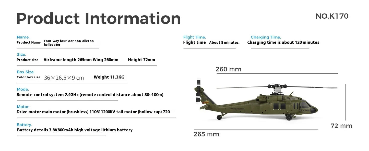 Wltoys K170 Black Hawk Uh60l Remote-Controlled Helicopter Four Channel Four Propeller Simulation Brushless Fixed Height Model