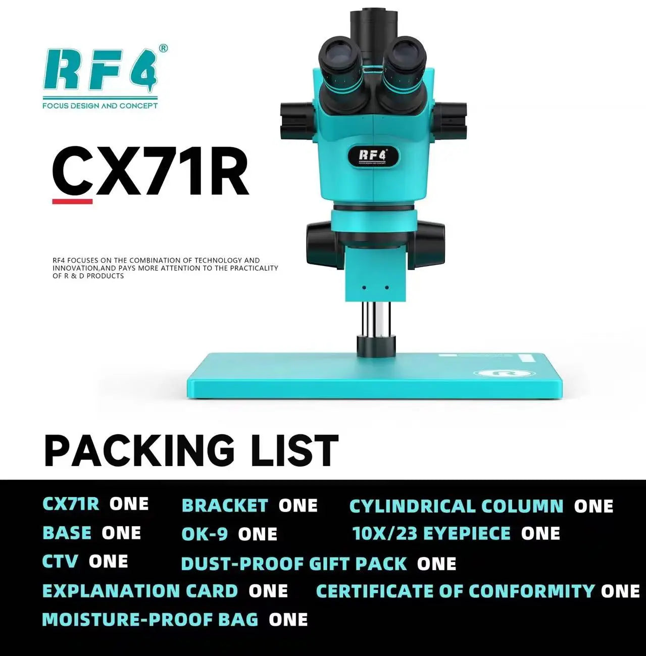 RF4 CX71R New Focus Trinocular Stereo Microscope 6.5x-65x 30°C Ergonomic Design 10X/23MM Eyepice for Phone Soldering PCB Repair