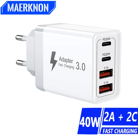 40W USB C Charger Fast Charging Head EU US Plug 4 Ports Quick Charge Phone Adapter For iPhone 15 14 Xiaomi Samgsung Wall Charger