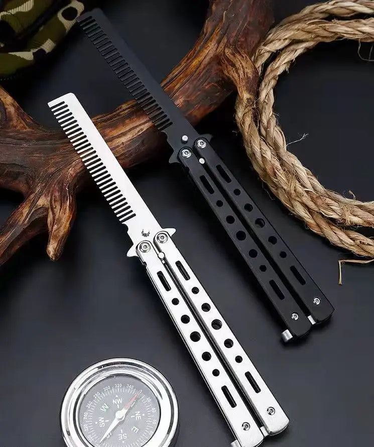 Foldable Comb Stainless Steel Practice Training Butterfly Knife Comb Beard Moustache Brushe Salon Hairdressing Styling Tool