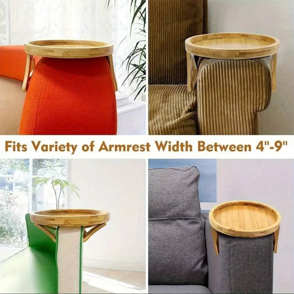Foldable Sofa Armrest Tray - Wooden Clip-On Couch Table for Drinks, Phone, Laptop, Breakfast in Bed, Living Room Organizer