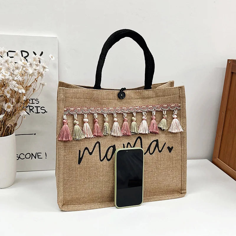 Women Large Capacity Tote Bag Mama Letter Printing Casual Fashion Linen Handbag Shopping Shoulder Bag Mother’s Day Gifts for Mom