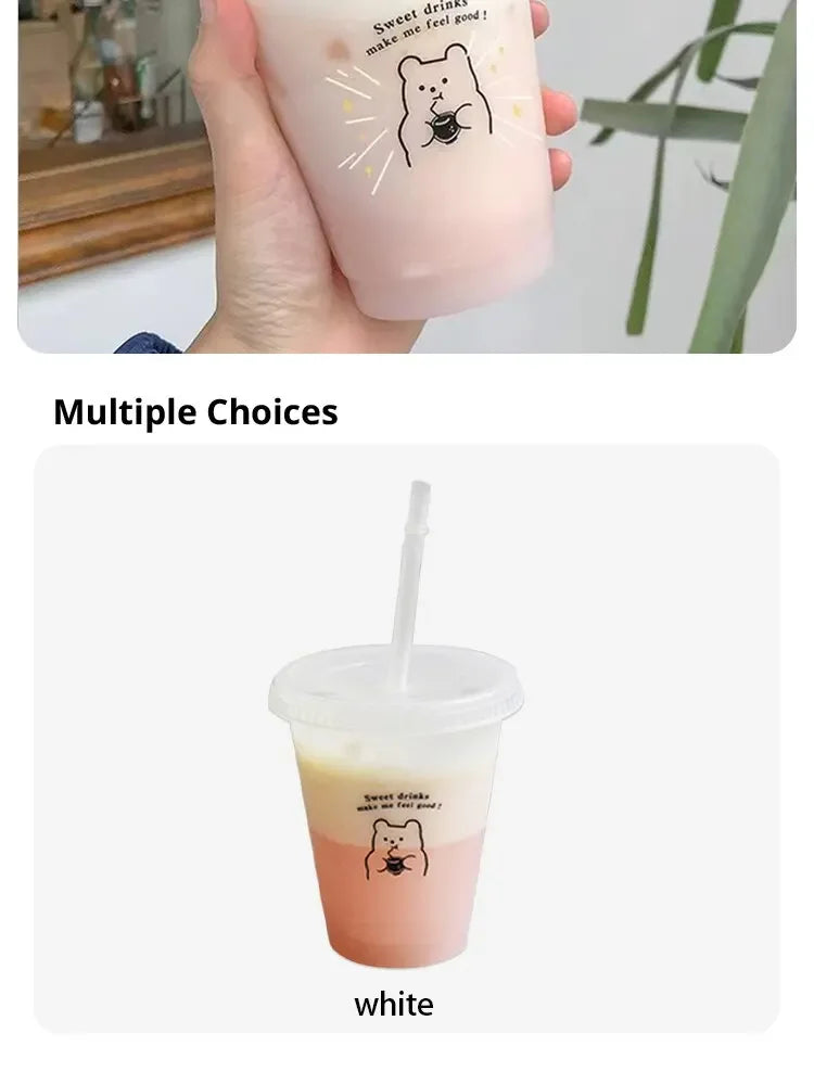Cartoon Bear Pattern Large Capacity Plastic Straw Cup Handheld Beverage Cup Suitable For Coffee Milk Tea