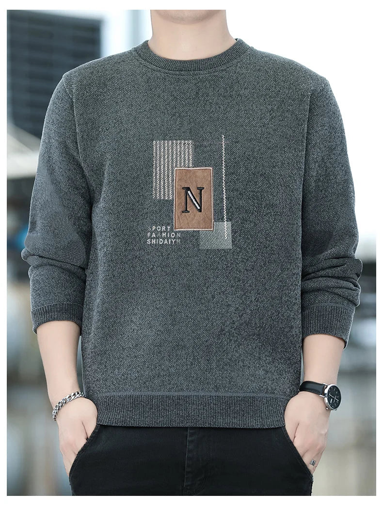 Sweater Men Knitted Round Neck Pullovers Fleece Thick Warm Winter Knitwear Y2K Fashion Jumpers Men's Clothes
