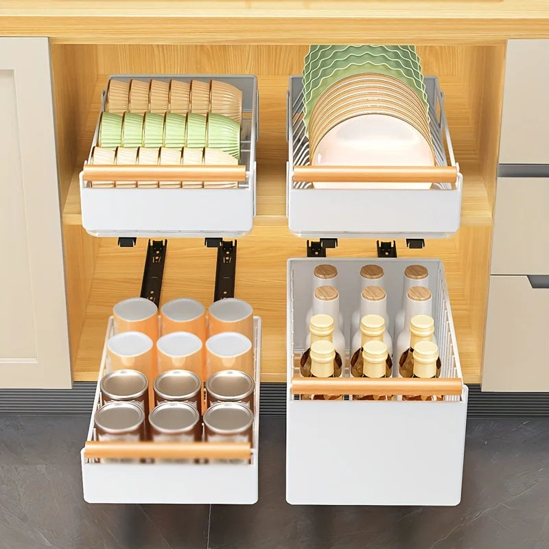KIXOT Pull Out Organizer, Pull-out Dish Rack With Wooden Handle And Drain Tray, Multifunctional Single Layer Dish Drying Rack
