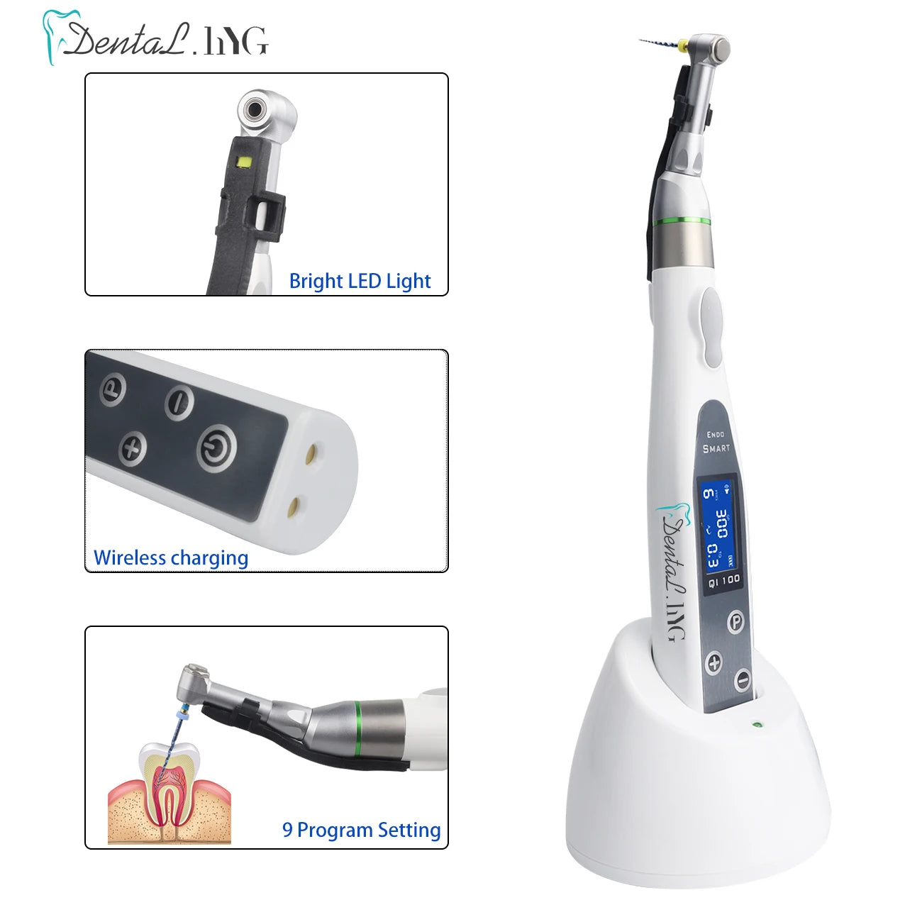 Dental Wireless Endo Motor Smart 9 Programs with LED Lamp and 16:1 Reduction Contra Angle Endodontic Instrument